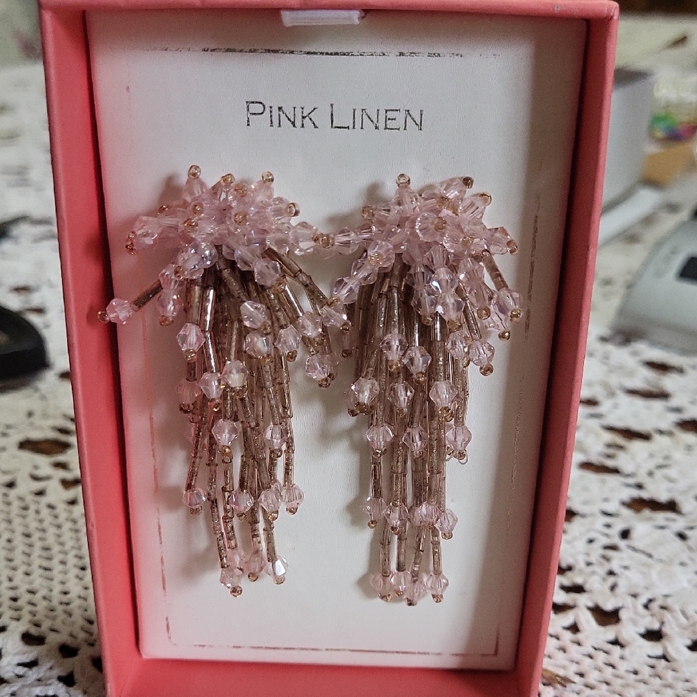 Pink Linen Beaded Drop Earrings
